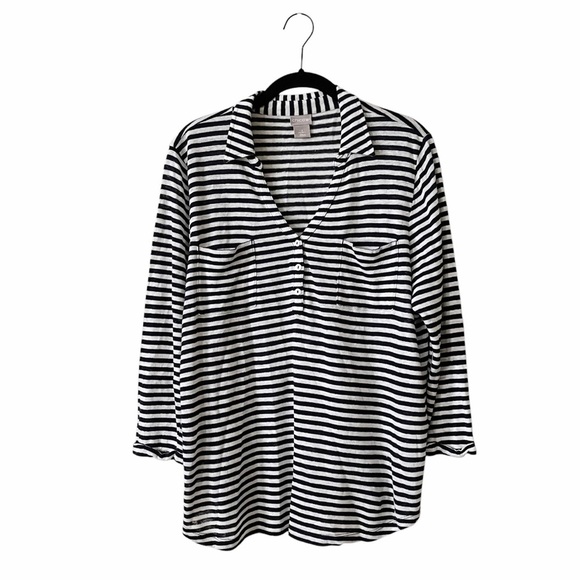 Chicos Linen Top Women's Size L Blue Stripe Henley 3/4 Sleeve Slub Pockets Light - Picture 1 of 6